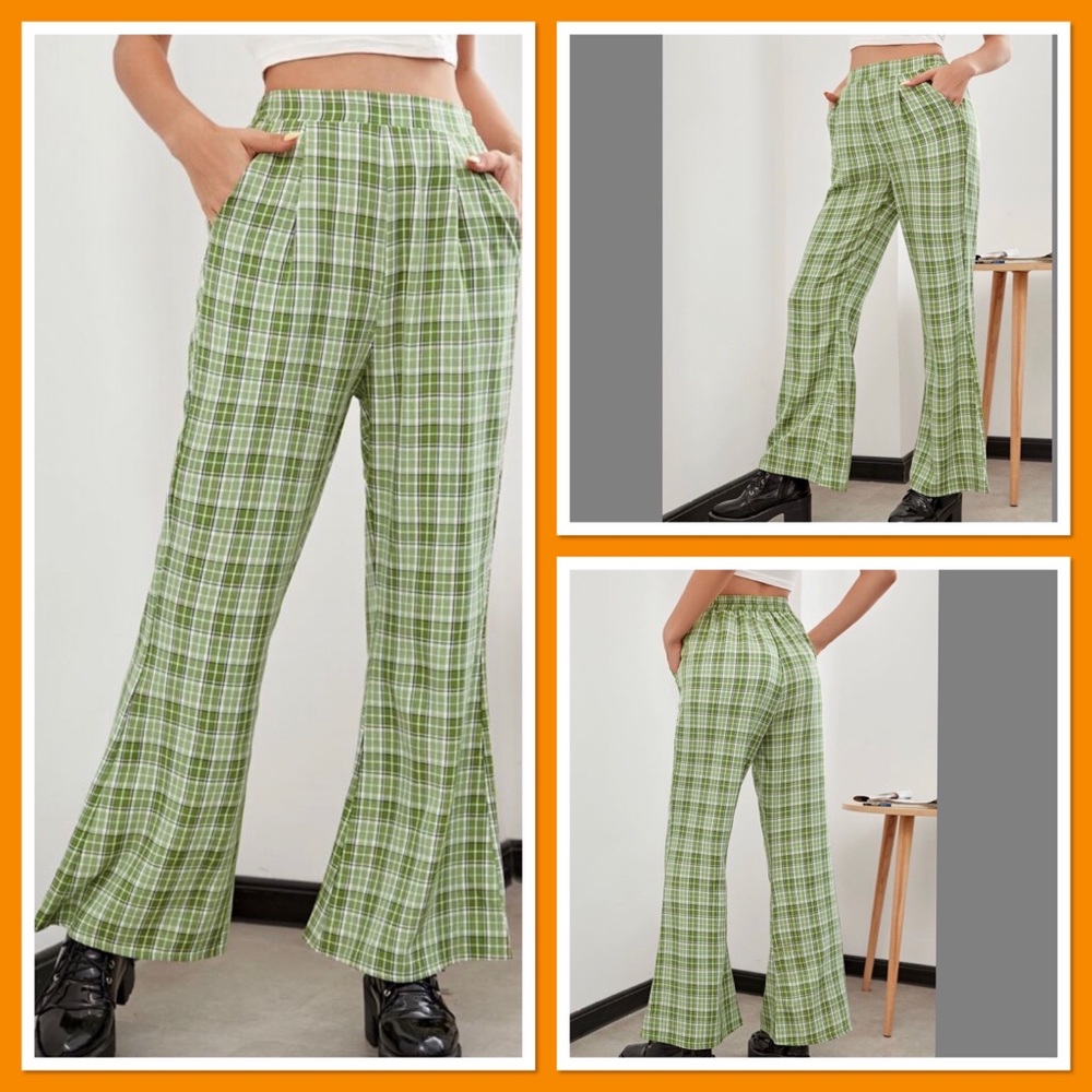 Shein Elastic Waist Plaid Flare Leg Pants. Size 2